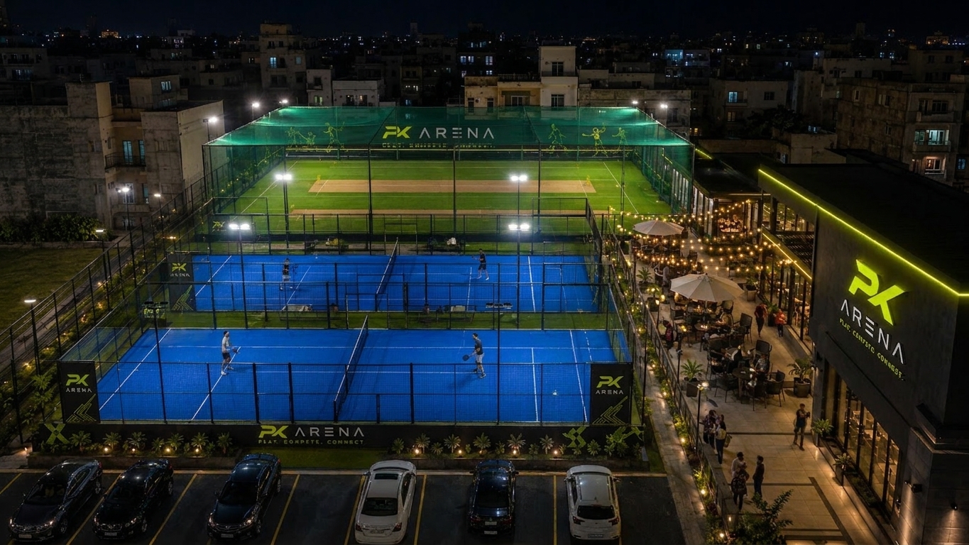 PK Arena night view with padel and cricket courts